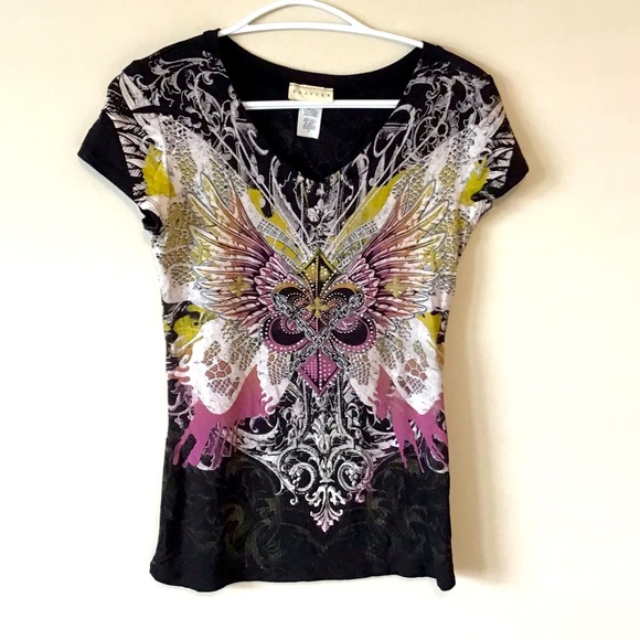 XZavier Tops - Xzavier graphic jewelled black cap sleeves t-shirt